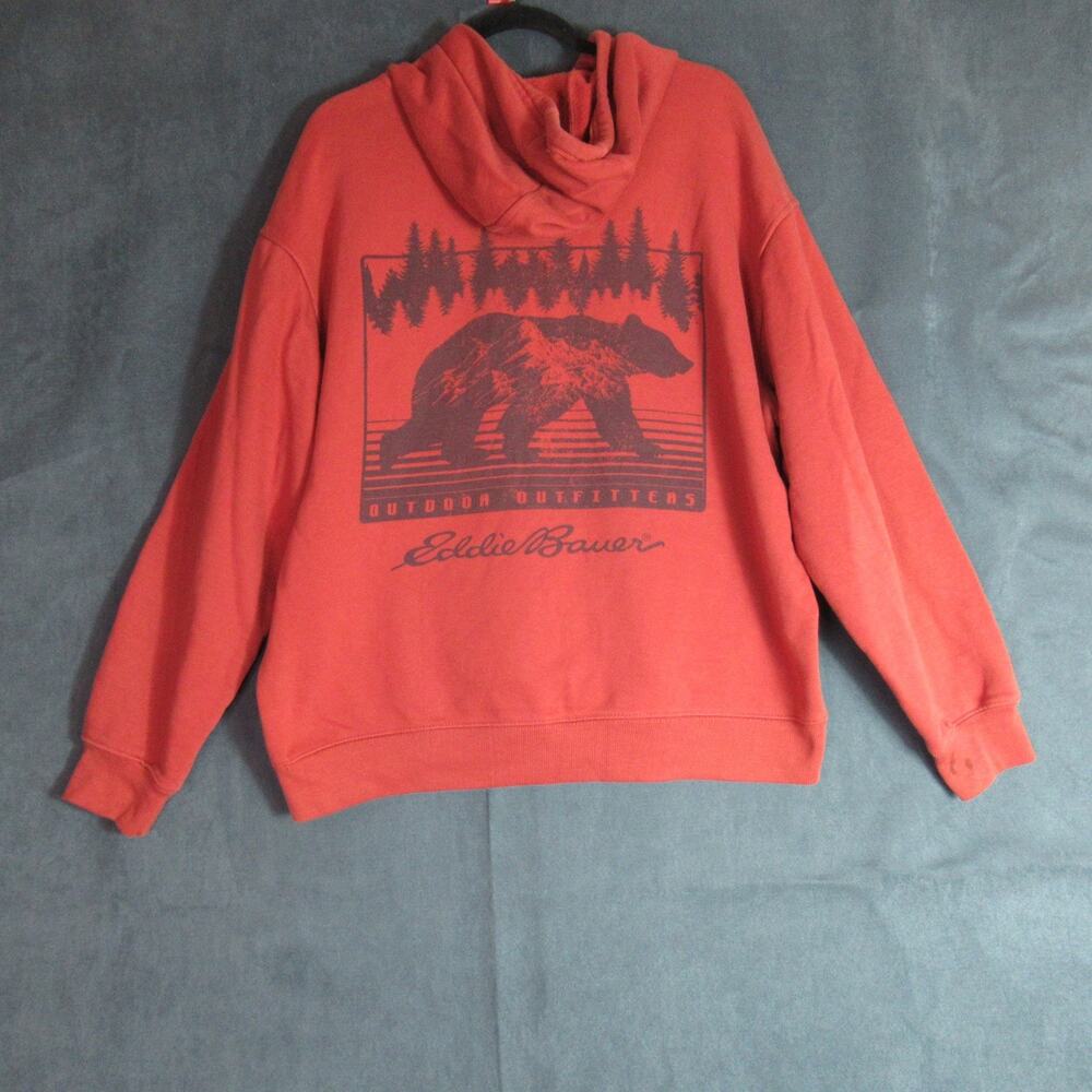 Eddie Bauer Hoodie Mens XL Rust Red Bear Graphic Pullover Sweatshirt Outdoor